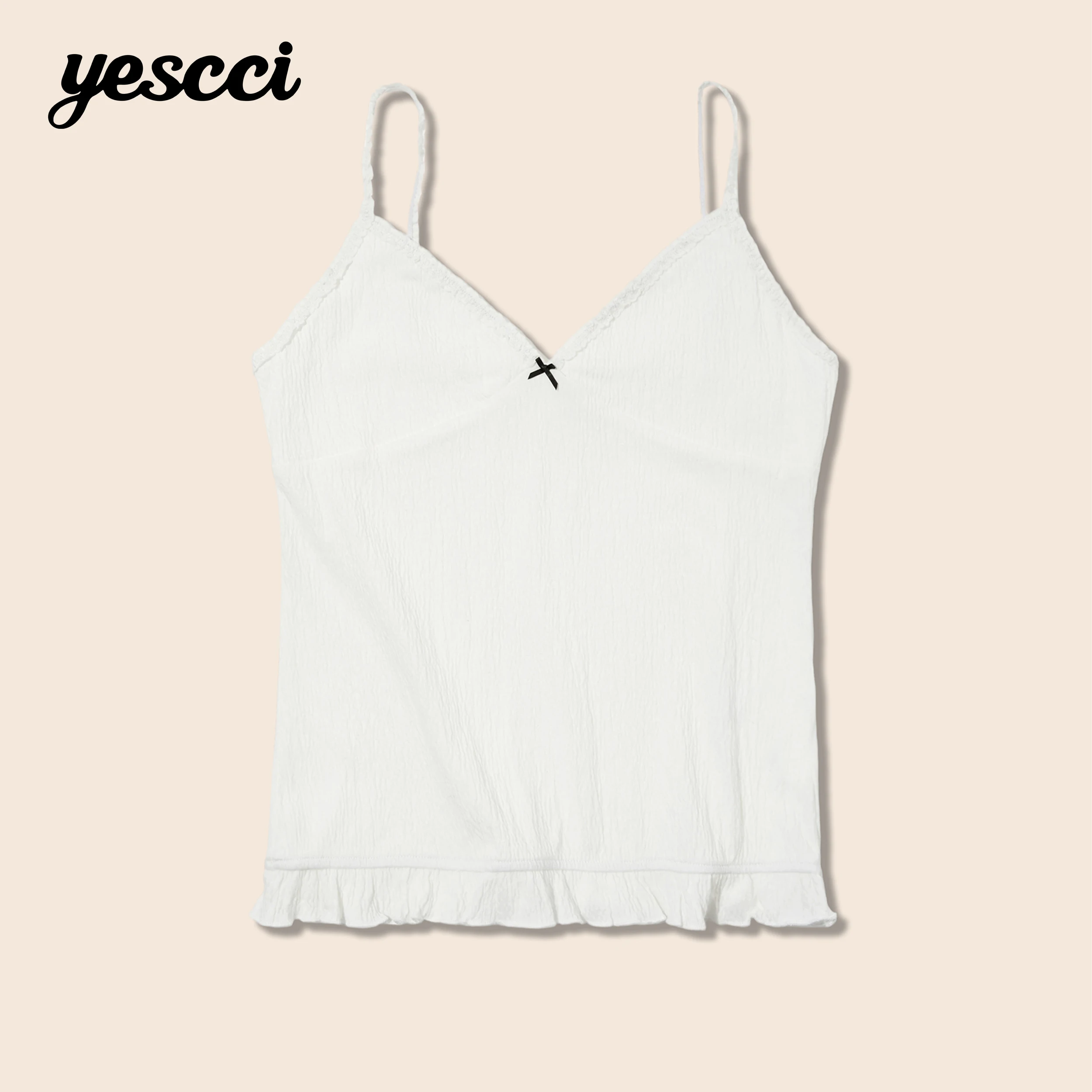 YESCCI Women Sleeveless Top V-Neck Vacation Style Bow Detail Ruffle Hem Tank Top Slim Fit Cotton Sweet Casual Camisole S56427109