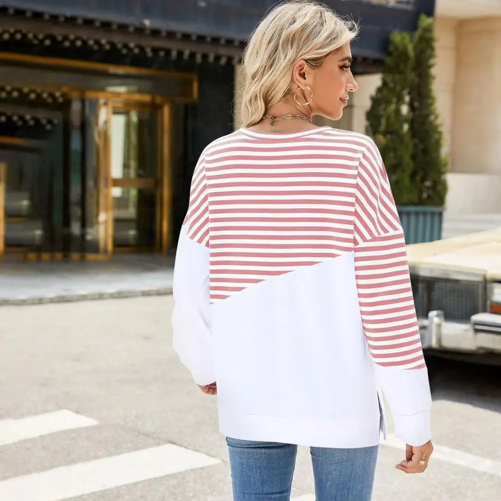 

Women Striped Top Striped Print Women's Pullover with Split Hem O Neck Casual Daily Commuting T-shirt for Spring Fall Oversized