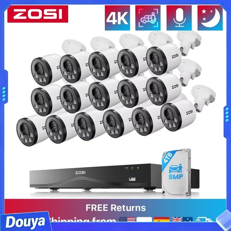 ZOSI 16CH 4K CCTV Video Set 8MP Outdoor Indoor PoE Cameras 16Port 32-Channel NVR with 4TB HDD P2P Cameras System