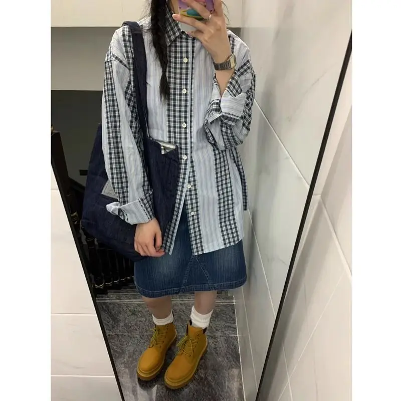 Japanse Vintage Patchwork Plaid Shirt Vrouwen 2025, Lente Revers Lange Mouw Blouse Y2k Fashion Design Losse Tops Mujer