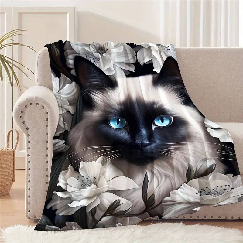 1Pc Creative White Blue Cat Flannel Blanket Comfortable And Soft Throw Blanket Suitable For Adults With Multiple Specifications