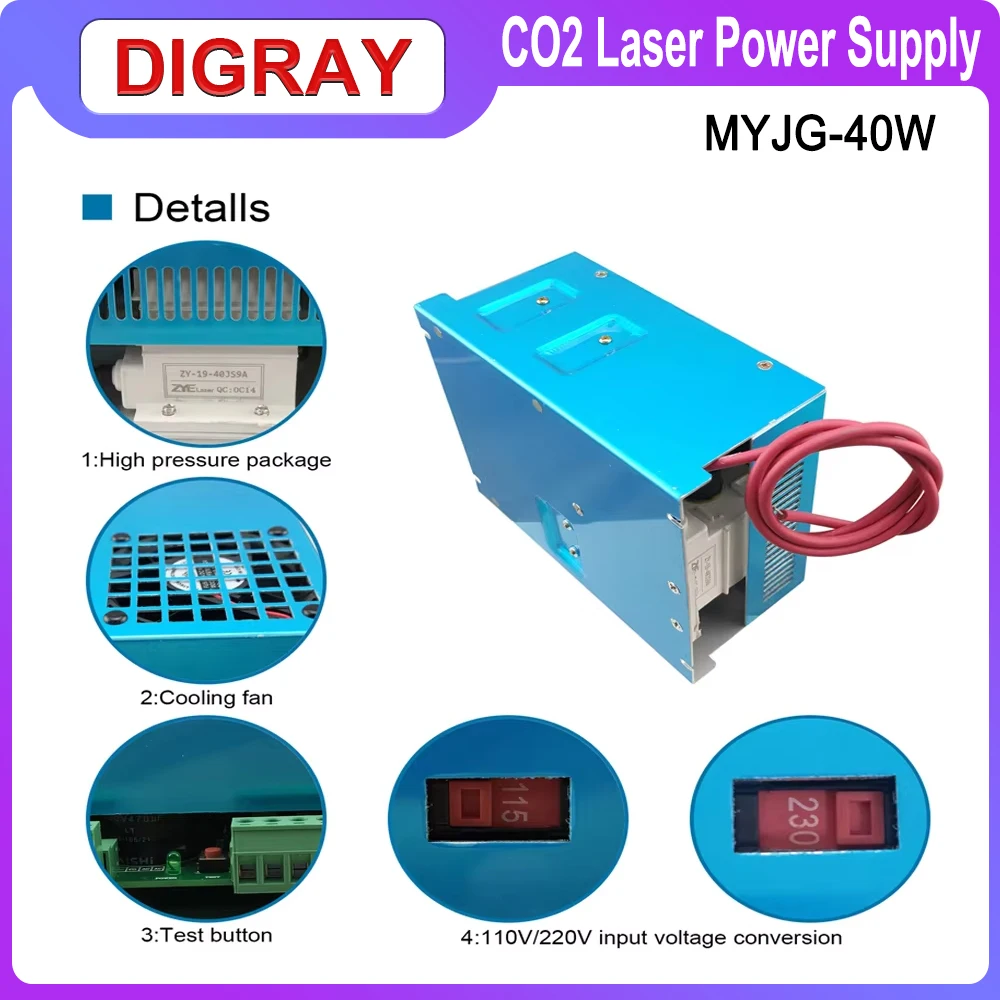 DIGRAY MYJG- 40W CO2 Laser Power Supply 110V/220V For 30W 40W K40 Engraving Cutting Machine Suitable Length 50X700mm Laser Tube