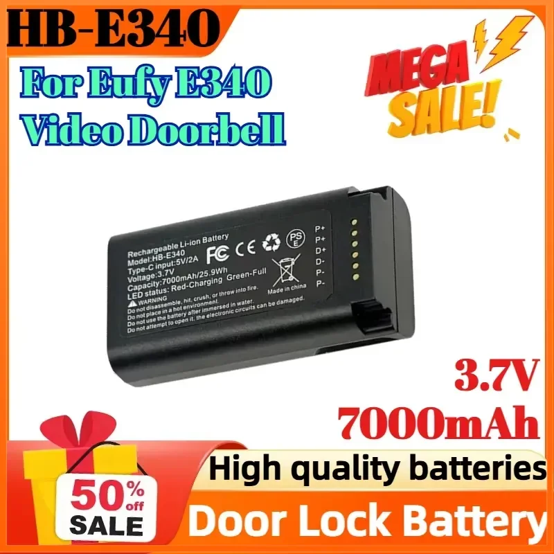 HB-E340 3.7V 7000mAh Door Lock Battery for Eufy E340 Video Doorbell Rechargeable Lithium-ion Battery