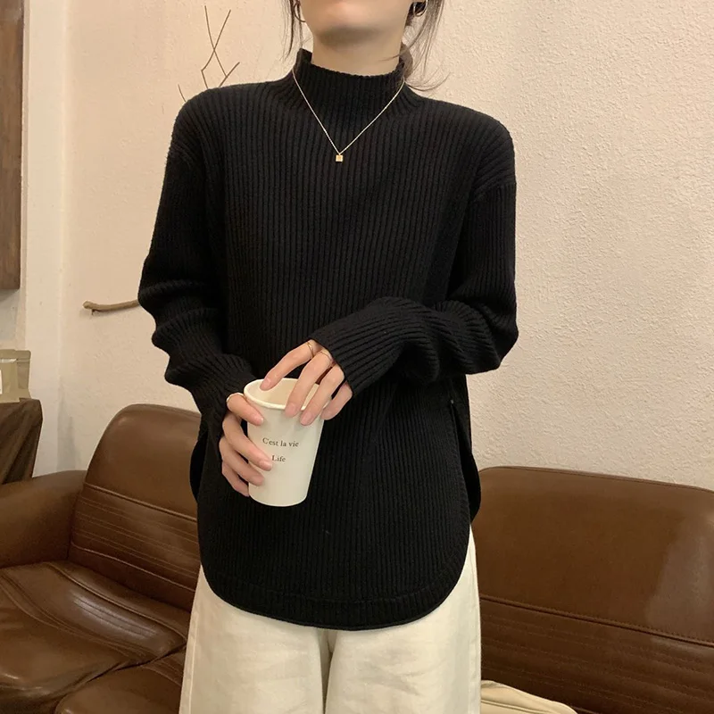 Fashion Half High Collar Solid Color Casual Sweaters Women Clothing 2024 Autumn Winter New Loose Korean Pullovers All-match Tops