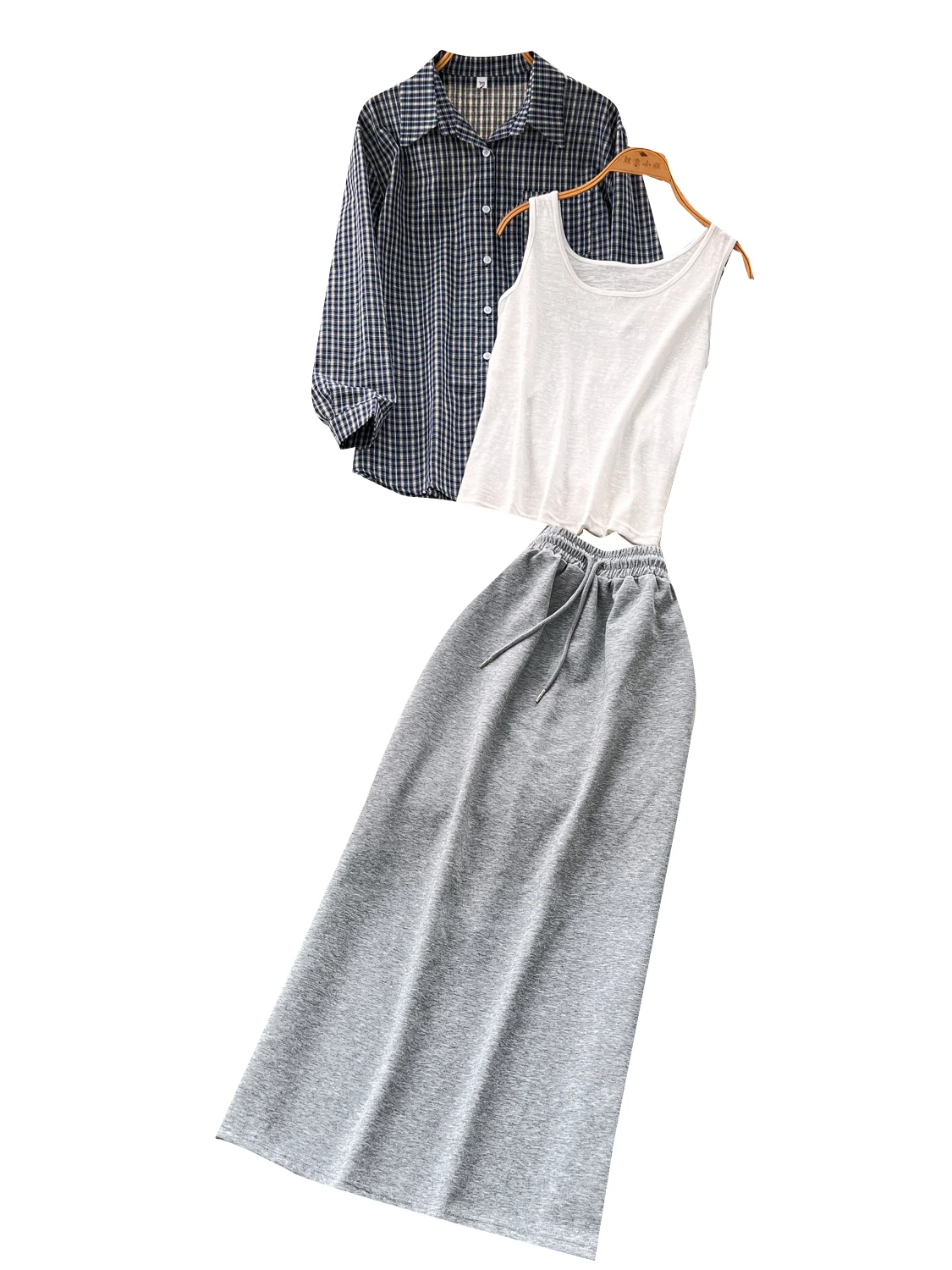 Conjunto de Csa de Manga Larga a Cuadros Estilo Coreano Informal y Ceco sin Mangas con Falda Midi de Cintura Alta, Conj...