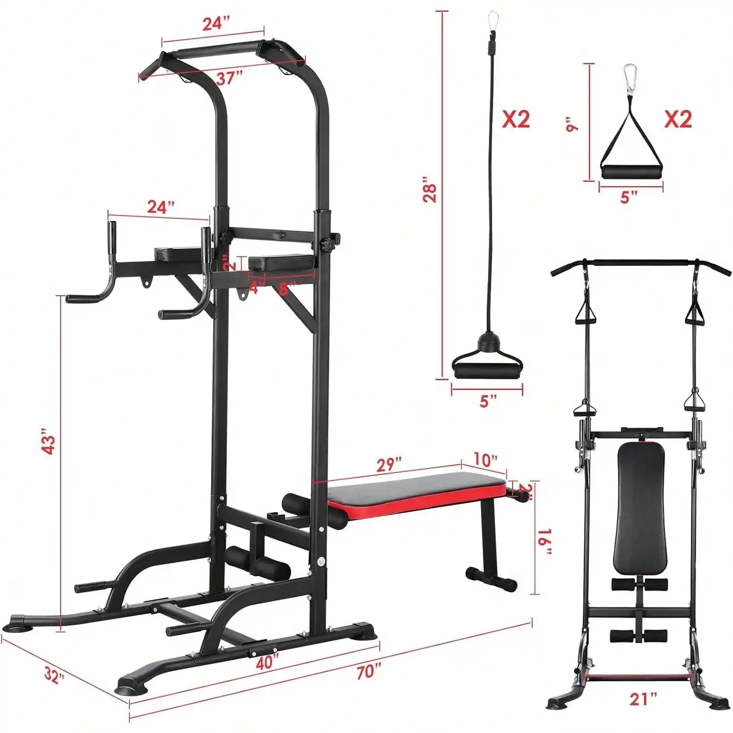 Power Tower With Folding Bench Gym Strength Training Equipment, Multi Function Pull Up Bar Stand Adjustable Height Dip Station, Home Office Body Sculpting Exercise Workout Machine, Black