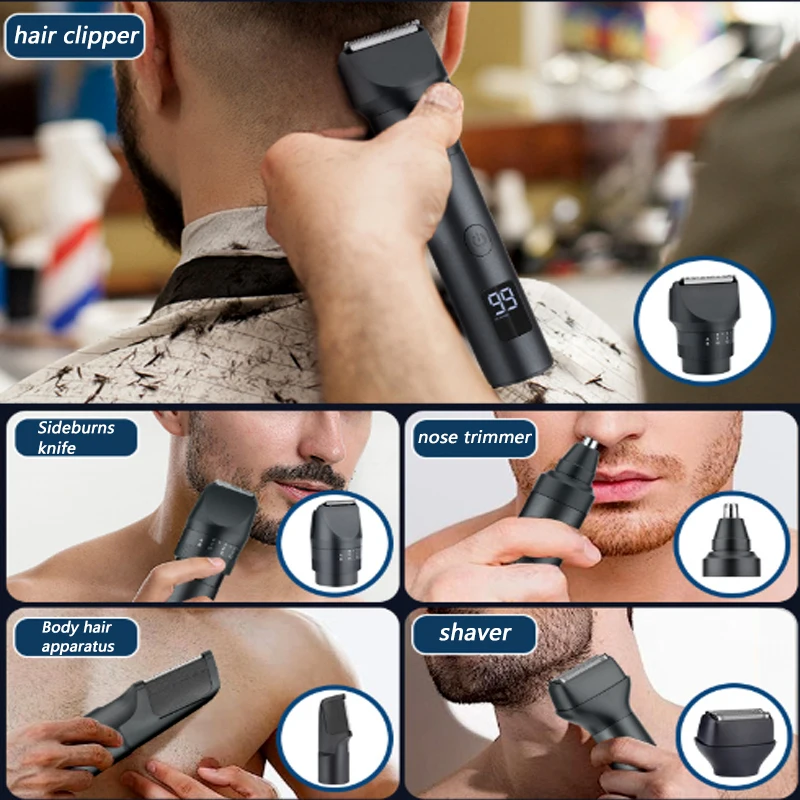 5-In-1 Cordless Hair Clipper LED Display Men Beard/Nose Trimmer Rechargeable Barber Grooming Kit Electric Hair Cutting Machine