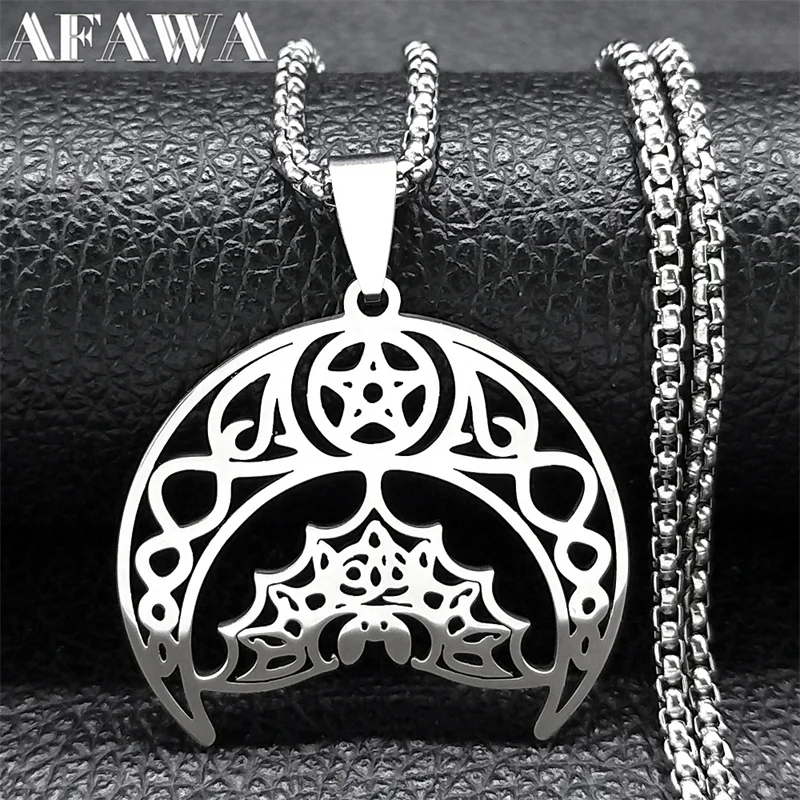 Witch Bat Moon Crescent Pentagram Necklace for Women Men Silver Color Stainless Steel Wicca Knot Mysterious Jewelry N9742S02