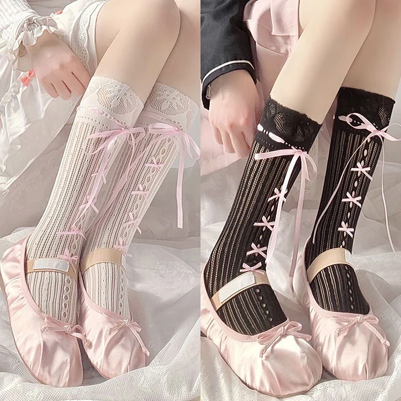 

Ballet Elegant Style Sock Ribbon Bows Tie Stocking Hollows Lace Striped Bows Tie Fishnet Long Knee Length Sock