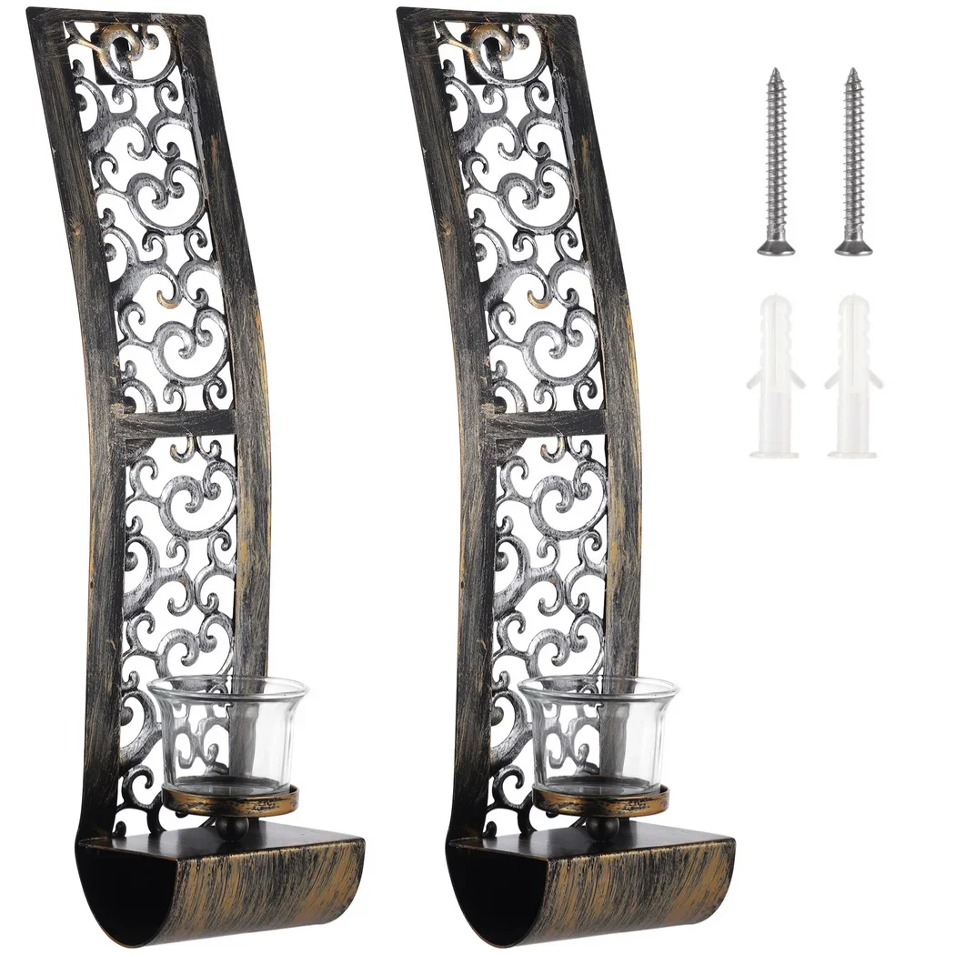 2Pcs Wall Candle Holders Antique Wall Sconce Candle Holders With Glass Wall-Mounted Retro Bronze Style Metal Wall Art Decors