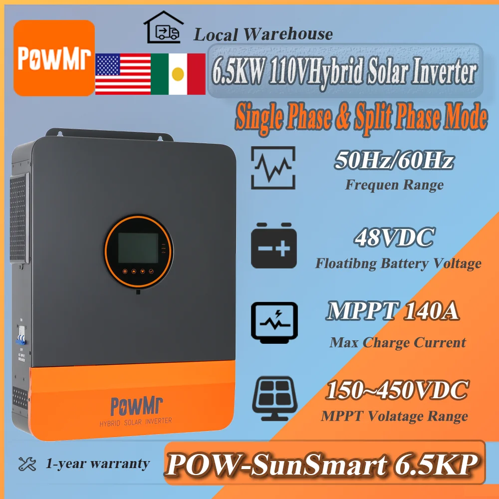 

Инвертор PowMr 48В 6.5кВт с двойным MPPT 140А, 110В/220В, высокоэффективное зарядное устройство (99%), до 6 устройств в параллельном подключении для GEL, Li-ion и других аккумуляторов.