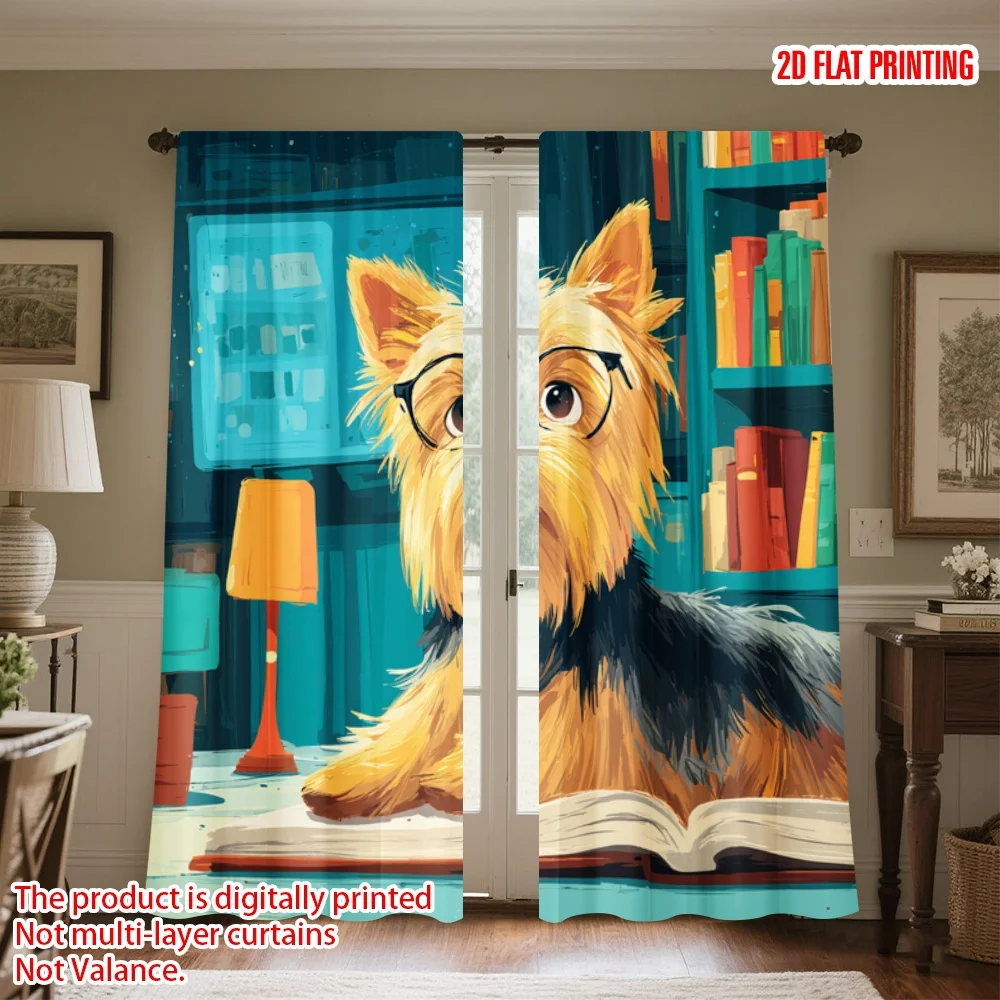 Funny Dog Reading Book Curtains, Cute Puppy with Glasses Print Drapes, Study Room Kids Bedroom Window Treatment Decor