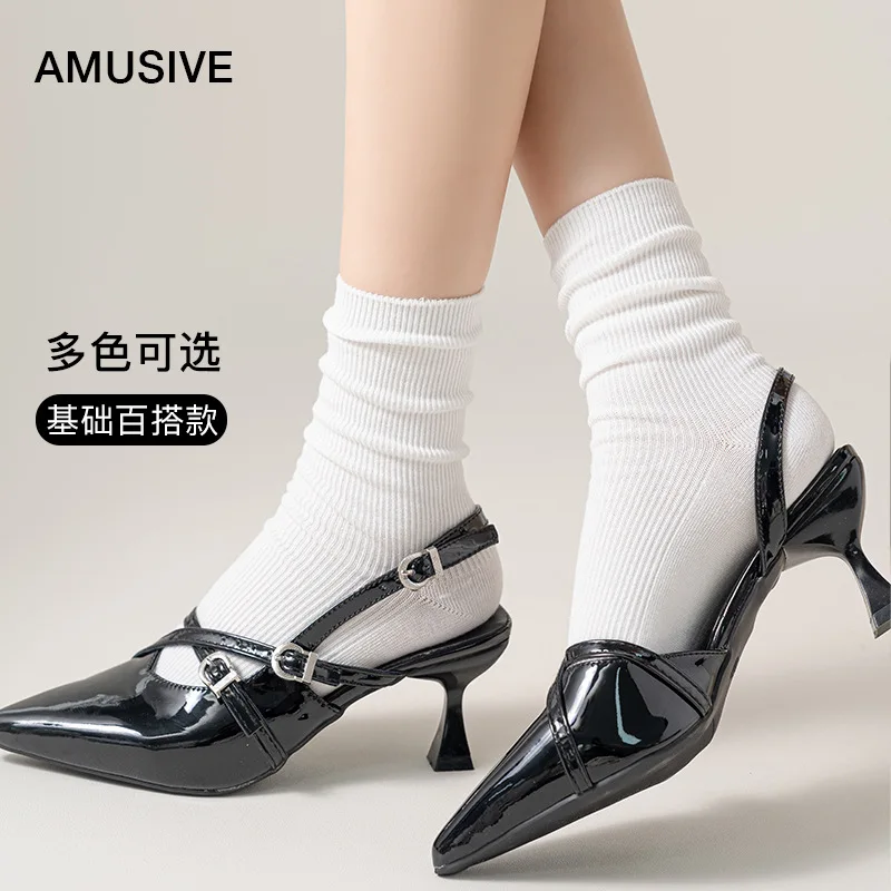 Double‑Needle Basic Women's Ribbed Mid‑Calf Socks, Ins Trendy Solid Combed Cotton Breathable Slouch Socks 20‑Pairs Pack