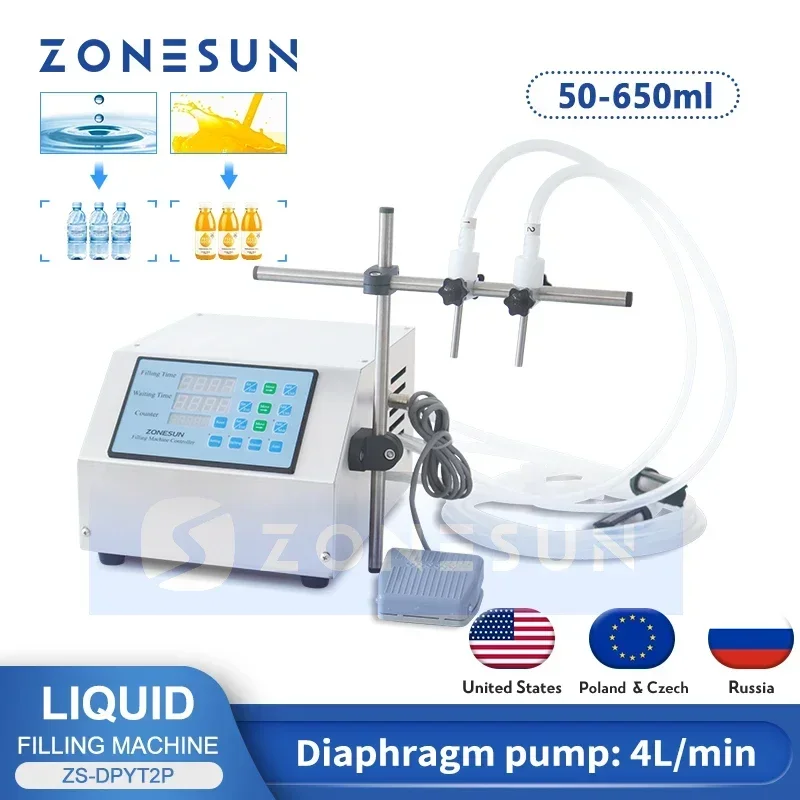 ZONESUN ZS-DPYT2P Riempitrice per liquidi 50-4000ml Doppi ugelli Acqua Bevanda Succo Profumo Fiala Riempitrice per bottiglie