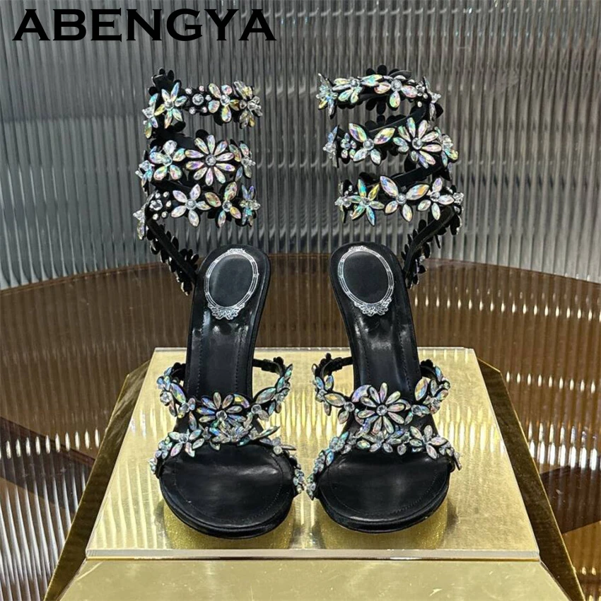 2026 Summer Shining Thin High Heels Crystal Sandals Women Open Toe Ankle Wrap Rome Sandals Sexy Runway Party Pumps Shoes Female