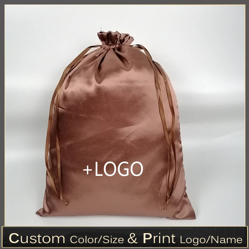 50PCS Custom Logo Ribbon Satin Hair Bag Virgin Hair Extensions Wig/Cosmetic Tools/Bikini/Shoes/Clothes Drawstring Packaging Bag