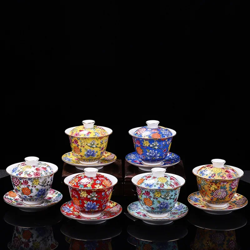 White Porcelain Sancai Gaiwan Color Enamel Cover Bowl Lid  Vintage Handmade Tea Tureen Teaware Sets Gift 200ML