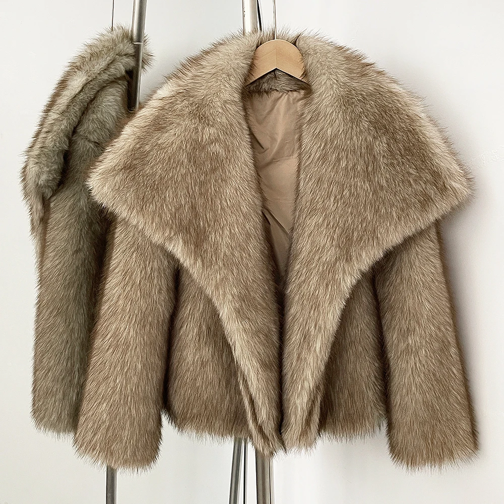 Winterkleding Nieuwe Mode Gradiënt Pluizige Bontjas Vrouwen High Street Luxe Grote Bontkraag Faux Vossenbont Jas Vrouwelijke Overjassen