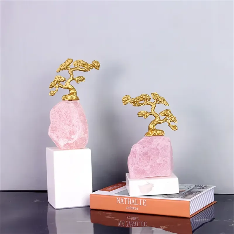 New Chinese Style Golden Welcome Pine Sculpture with Natural Rough Stone Crystal Ornaments Light Luxury Home Decor Gift Set