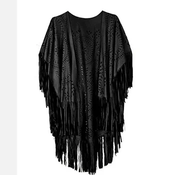 Camel Suede Floral Hollow Out Fringe Tassel Shawl Women Vintage Capes Ponchos Autumn Bohemian Cardigan Cloak Boho Capes 2
