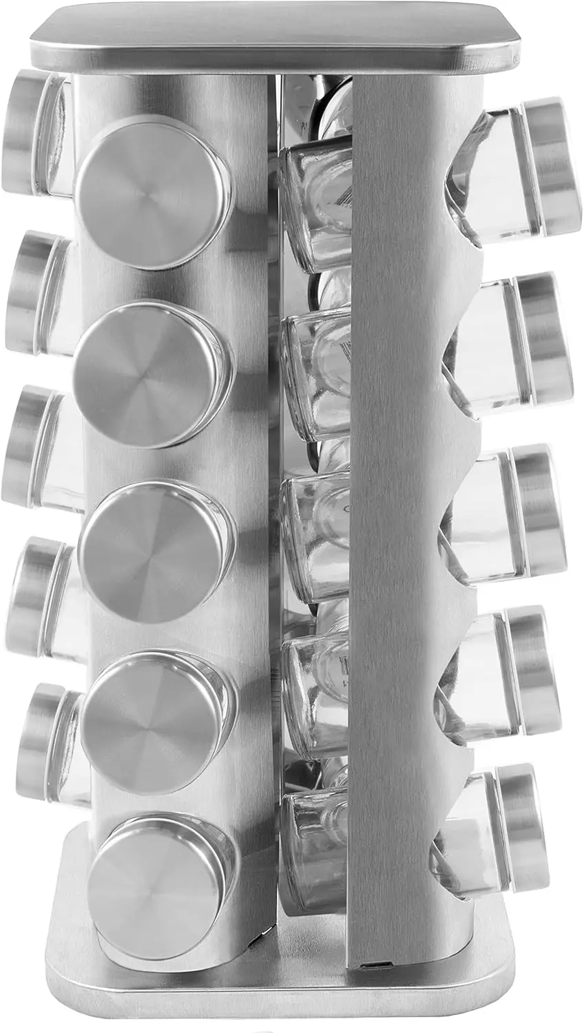 

20 Jar Stainless Steel Rotating Spice Rack - No Spices - Stainless Steel Lids and Glass Jars