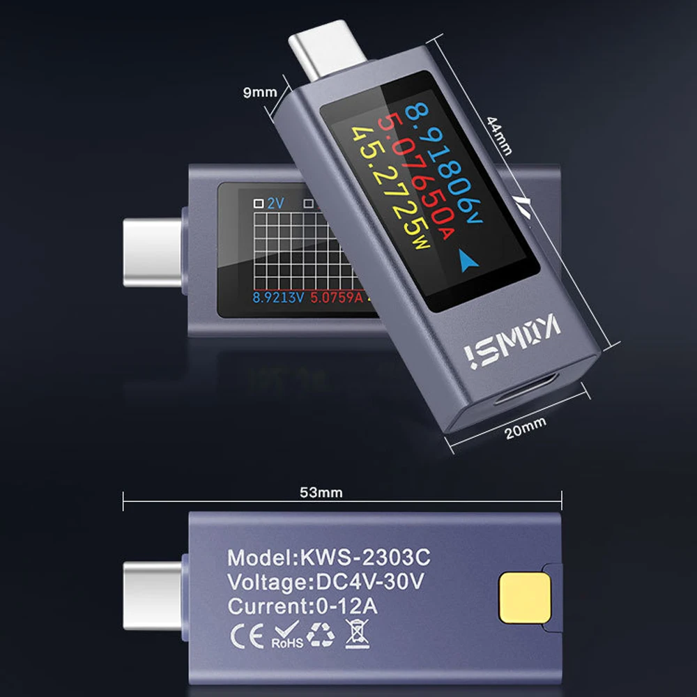 KWS-2303C C 타입 다기능 디지털 디스플레이, DC 전압 전류계, 전원 계량기, 휴대폰 충전 테스터, DC 4-30V 0-12A