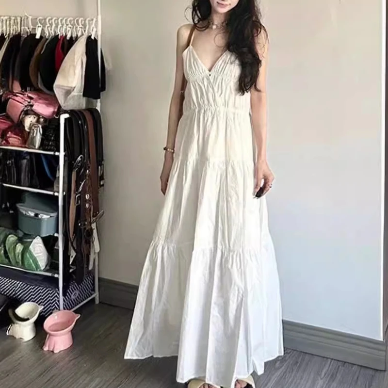 Weißer Feenrock, Trägerrock, Urlaubskleid am Meer, Damen-Look, dünner Sommerrock, kleiner Stil, langes Kleid