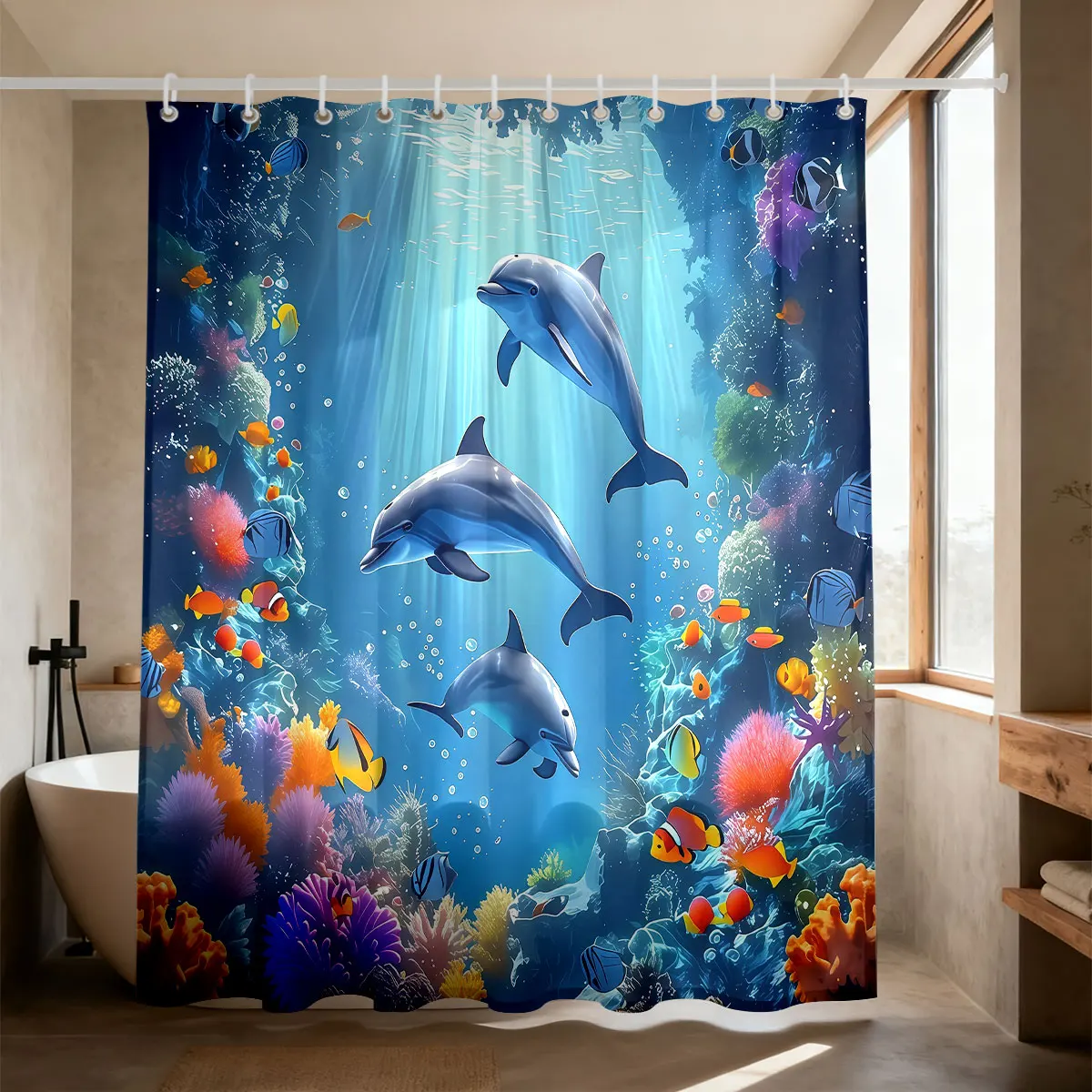 1pc Beautiful Coral Dolphin Printed Waterproof Shower Curtain Partition Privacy Hanging Curtain 12 Hooks Multiple Sizes
