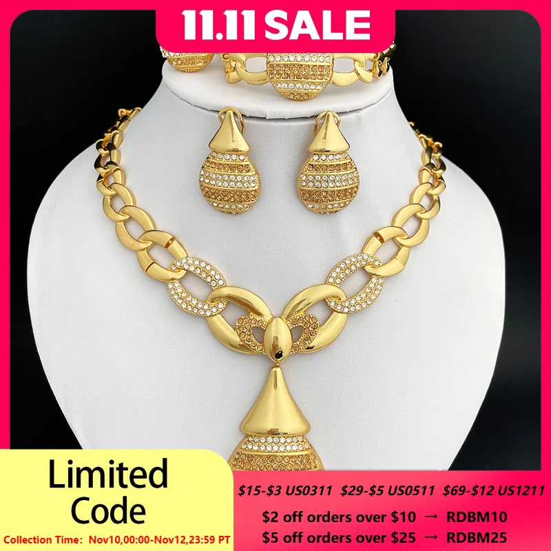 

Elegant Dubai Jewelry Set Luxury Design Women Necklaces Earrings Ring Bracelet 4pcs Set Weding Party Gift