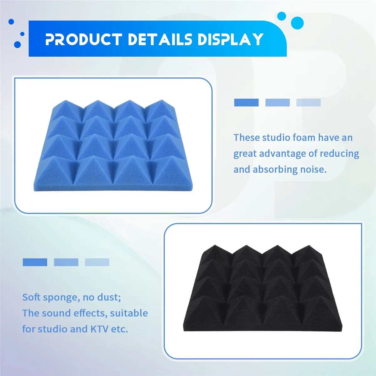 ABJX 24Pcs 25X25X5Cm Studio Acoustic Soundproof Foam Pyramid Noise Insulation Sound Absorption Treatment Panels Black+Blue DROP