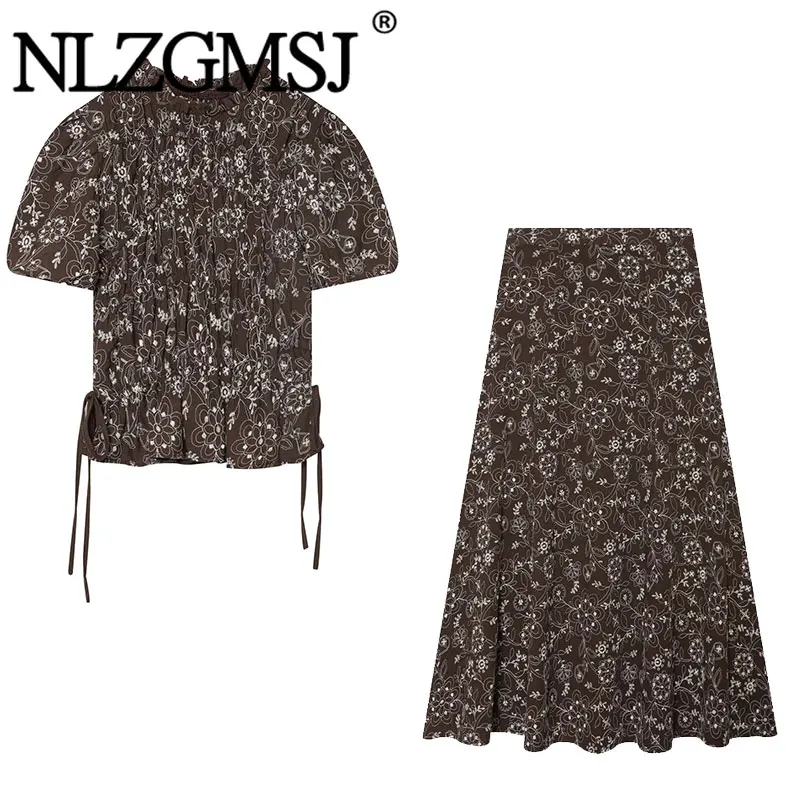 Nlzgmsj 2026 Summer Women Floral Embroidered Two Piece Set Short Puff Sleeve Smocked Top And High Waist A Line Midi Skirt