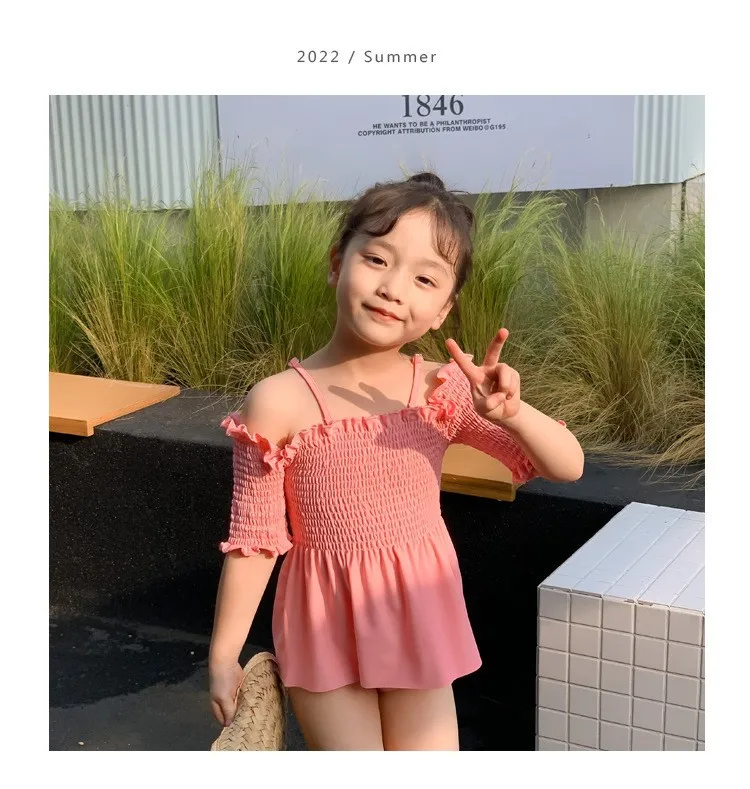 Children's Swimsuit 2024 Summer New Girls Sling Swimsuit Korean Version Solid Color Swimming Cap Three-piece Set