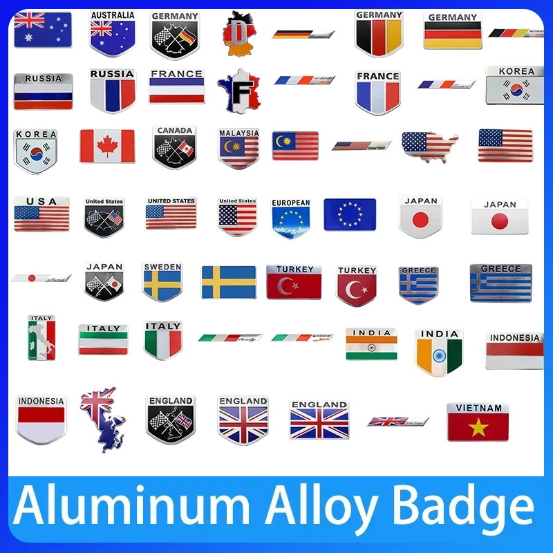 

Aluminum Alloy Shield Styling UK ENGLAND USA Japan France Italy Germany Russian Greece Spain Flag Map Car Sticker Emblem Badge