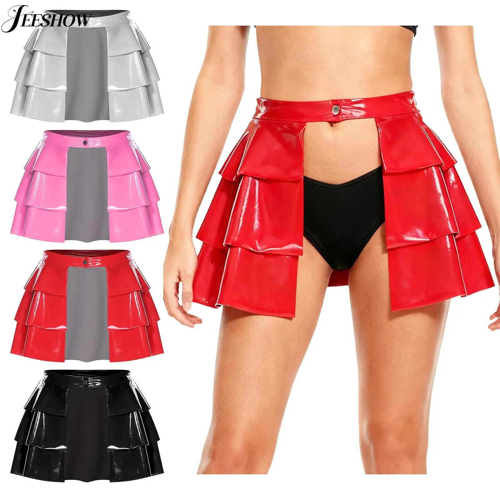 Womens PU Leather Open Front Mini Skirt Wet Look High Waist Tiered Ruffled A-line Miniskirt Nightclub Pole Dance Micro Skirts