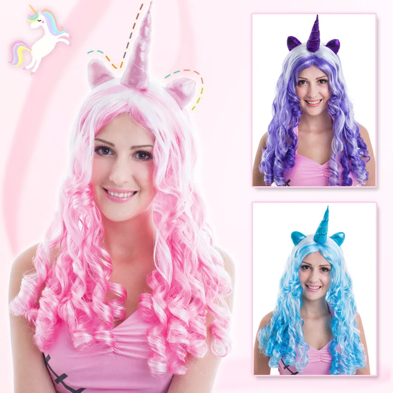 2022 Rainbow Unicorn Wig Princess Hair Custume Cosplay Woman Long Fake Hair Girls Cosplay Cartoon Accessories Unicorn Gifts