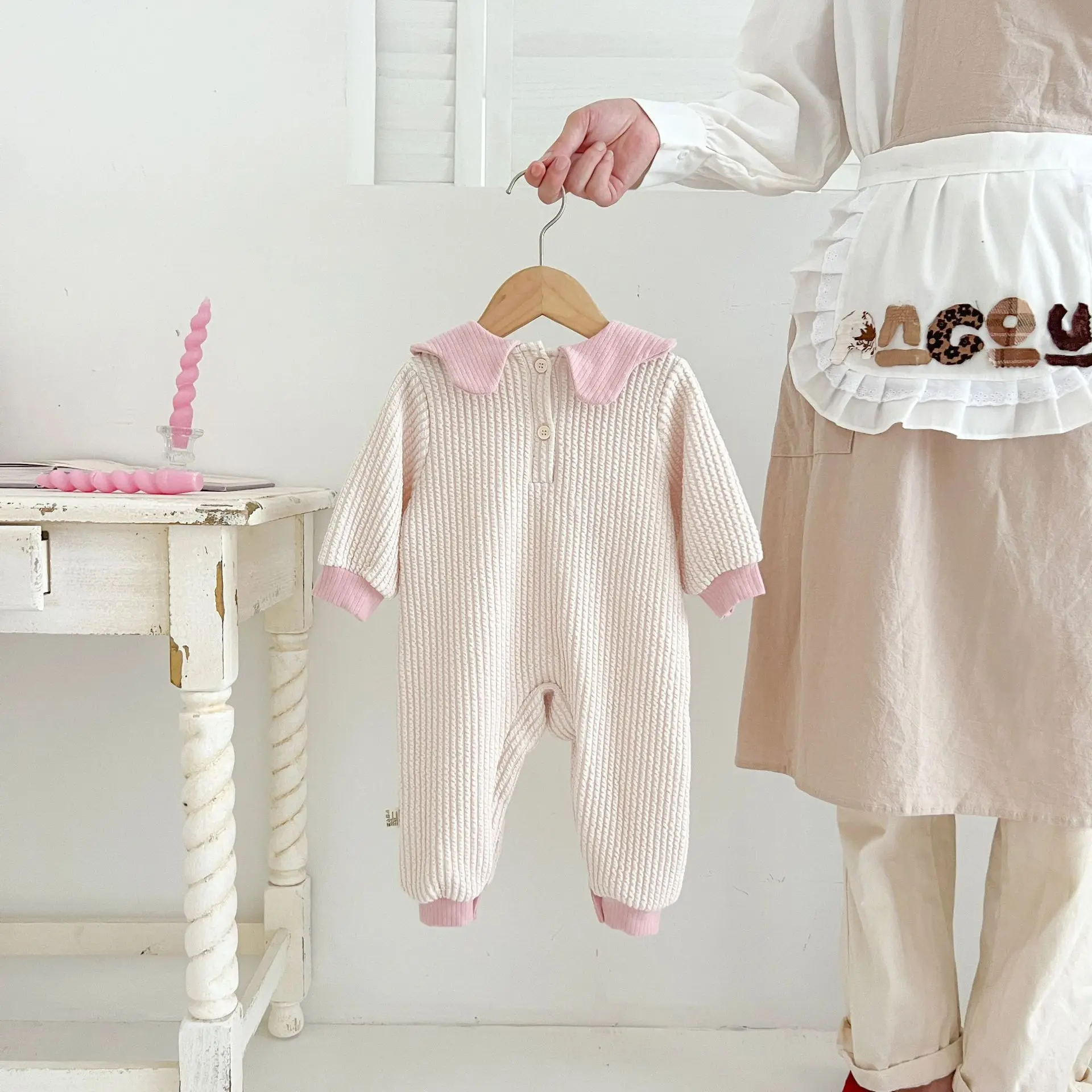 Autumn Ins Korean Baby Girls Bodysuit Cotton Patched Contrast Hem Long Sleeve Infant Girls Rompers Toddler Girls Outfits