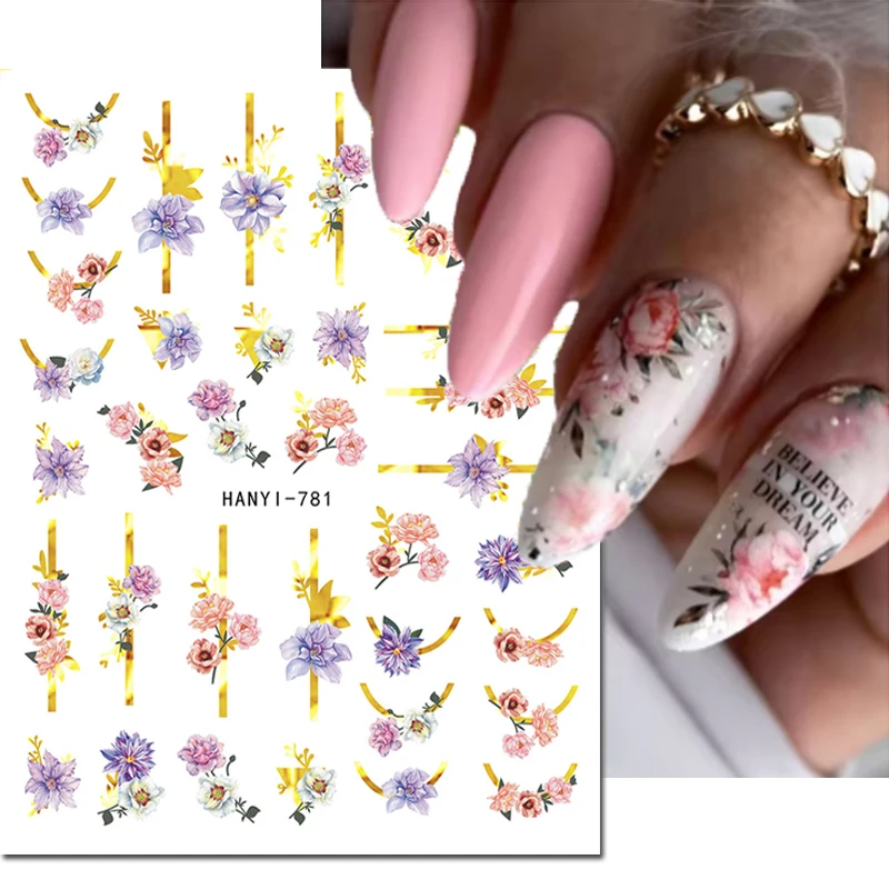 

3d Nail Art Stickers Golden Lines Chinese Herbaceous Peony Flowers Butterflys Sliders Nails Decals Decorations For Manicures