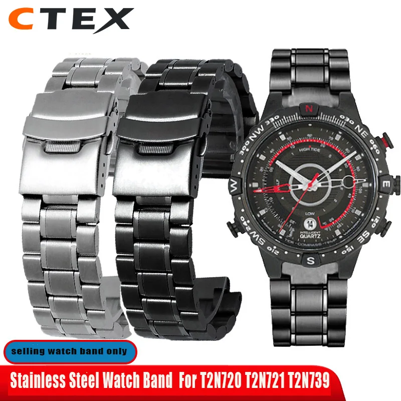 stainless steel watchband for men's TIMEX T2N720 T2N721 TW2R55500 T2N721 watch strap 24*16mm lug end silver black bracelet