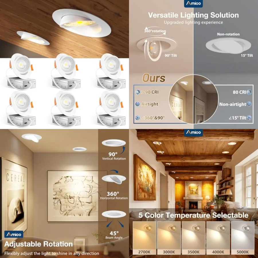 

Pack 5CCT Gimbal LED Recessed Lighting, 0°and90° Adjustable Eyeball Directional Downlight, Dimmable, 2700K/000K/500K/000K/5000K
