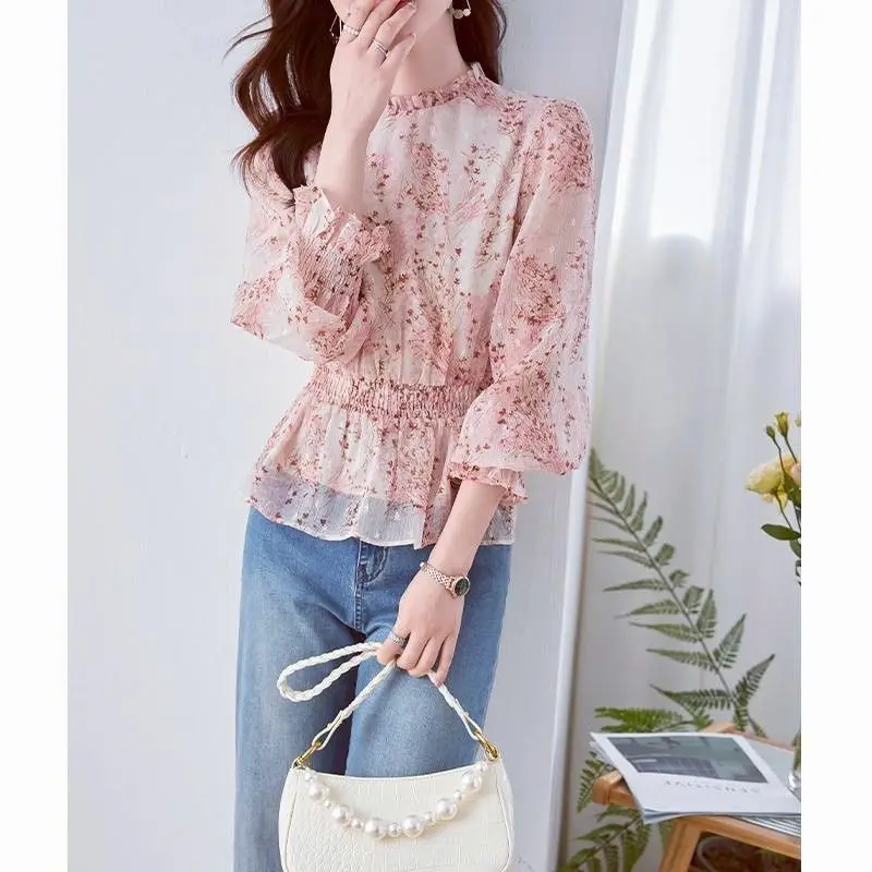 Lose Damen Irt 2025 New Sle Bubble Sve Round Ne Blumendruck Faionable und Sli Belly Covering Gored