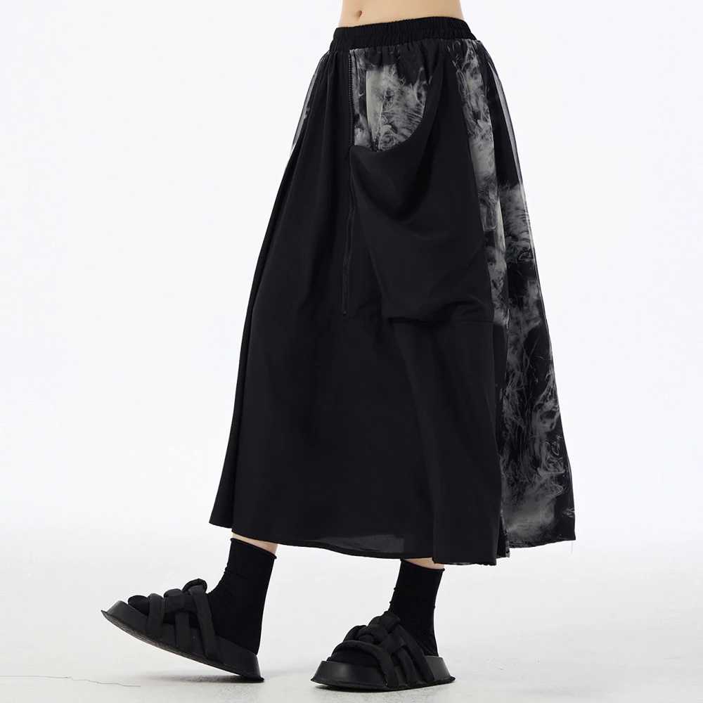 Retro Chinese Style Tie-Dye Splicing Mesh Waist Skirt 2024 Autumn New Fashionable Slim Temperament Versatile A-Line Skirt Unisex
