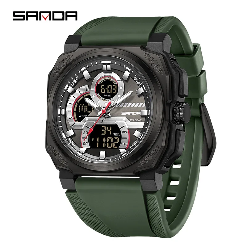 SANDA-reloj electrónico para hombre, pulsera deportiva multifuncional cuadrada con correa de silicona, pantalla Digital analógica, 3356