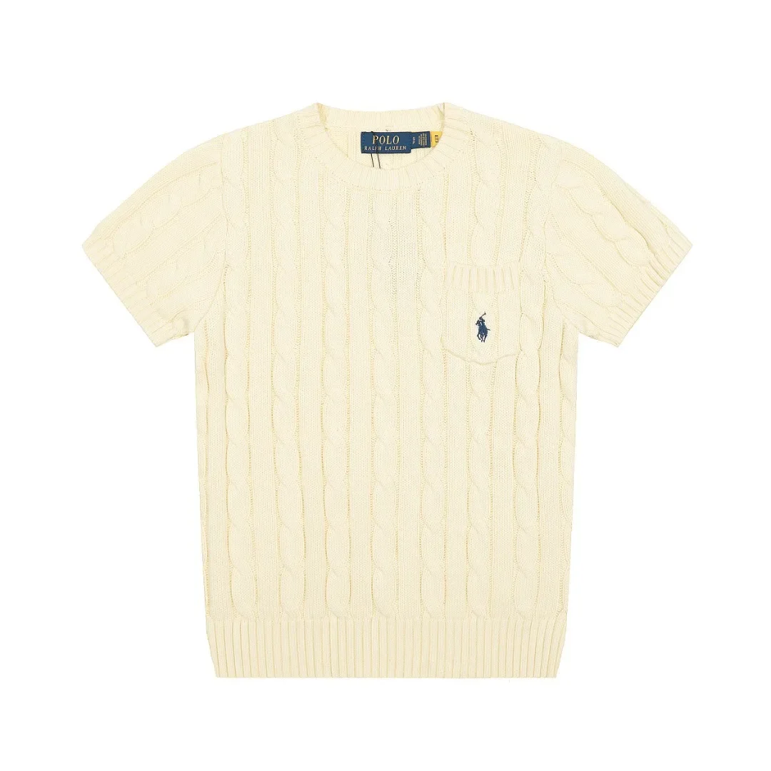 سترة محبوكة أنيقة بأكمام قصيرة مع جيب أمامي وتصميم تويست مطرز RL جديد 25SS بلوزة عصرية للنساء