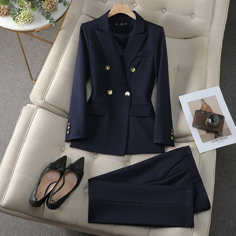 2025年春新作 レディース ダブルブレストブレザー パンツスーツ ツーピースセット 長袖ブレザー シック オフィスレディー プロフェッショナルスーツ