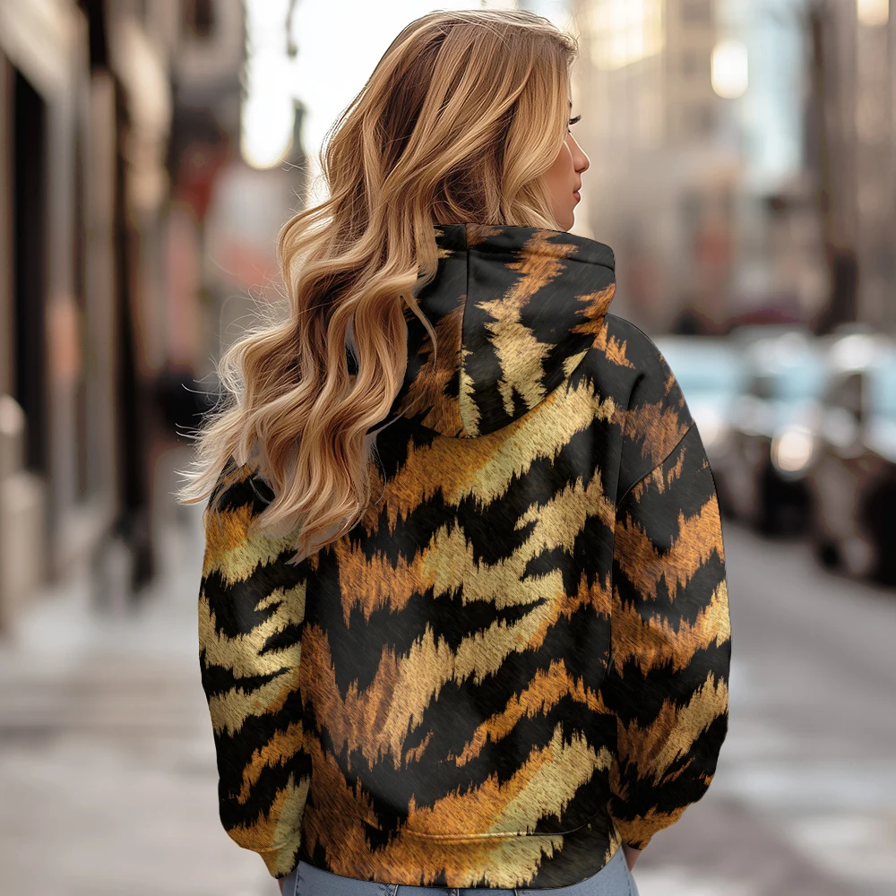 Tiger Textured Wild Women Jackets Coats Printed Zip Up Hoodie Fleece Lined Winter ​Warm Streetwear Motorcycle Outwear Clothing