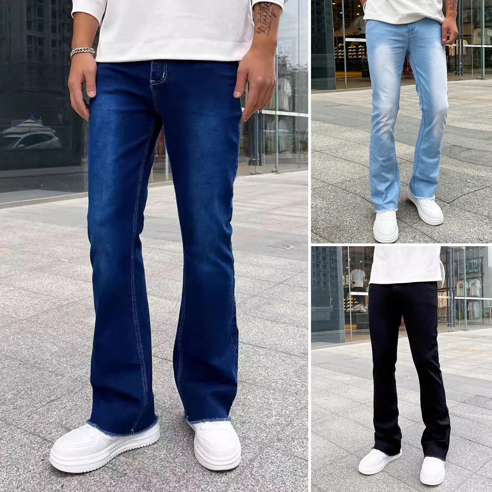سراويل جينز للرجال بنمط شعلة ، جينز غير رسمي بجيوب كبيرة ، مستقيم ، بنطال بساق واسعة ، شارع مرتفع ، جينز للرجال بالأسى