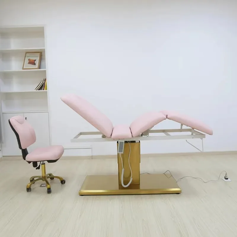 Electric Beauty Bed 3 Motors 3 Section Adjustable Massage Table Facial Tattoo Lash Bed Gold Base Pink