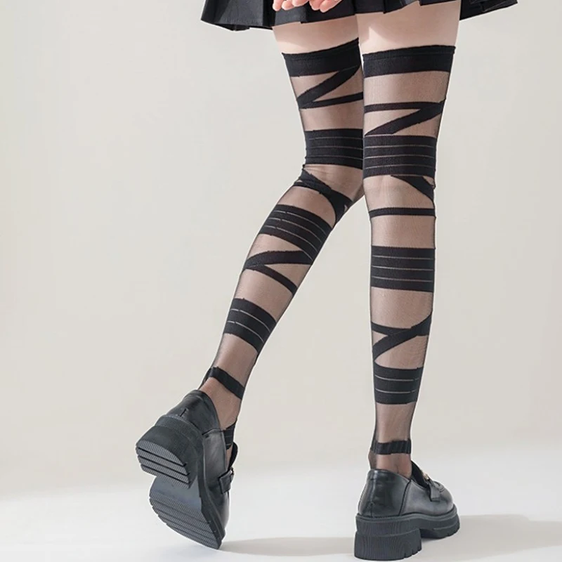 Neue Mode ultra dünne Frauen würzige Mädchen Bandage Streifen lange Socke weibliche japanische Lolita JK sexy Sommer Cross Tube weiße Strümpfe – Detail 6