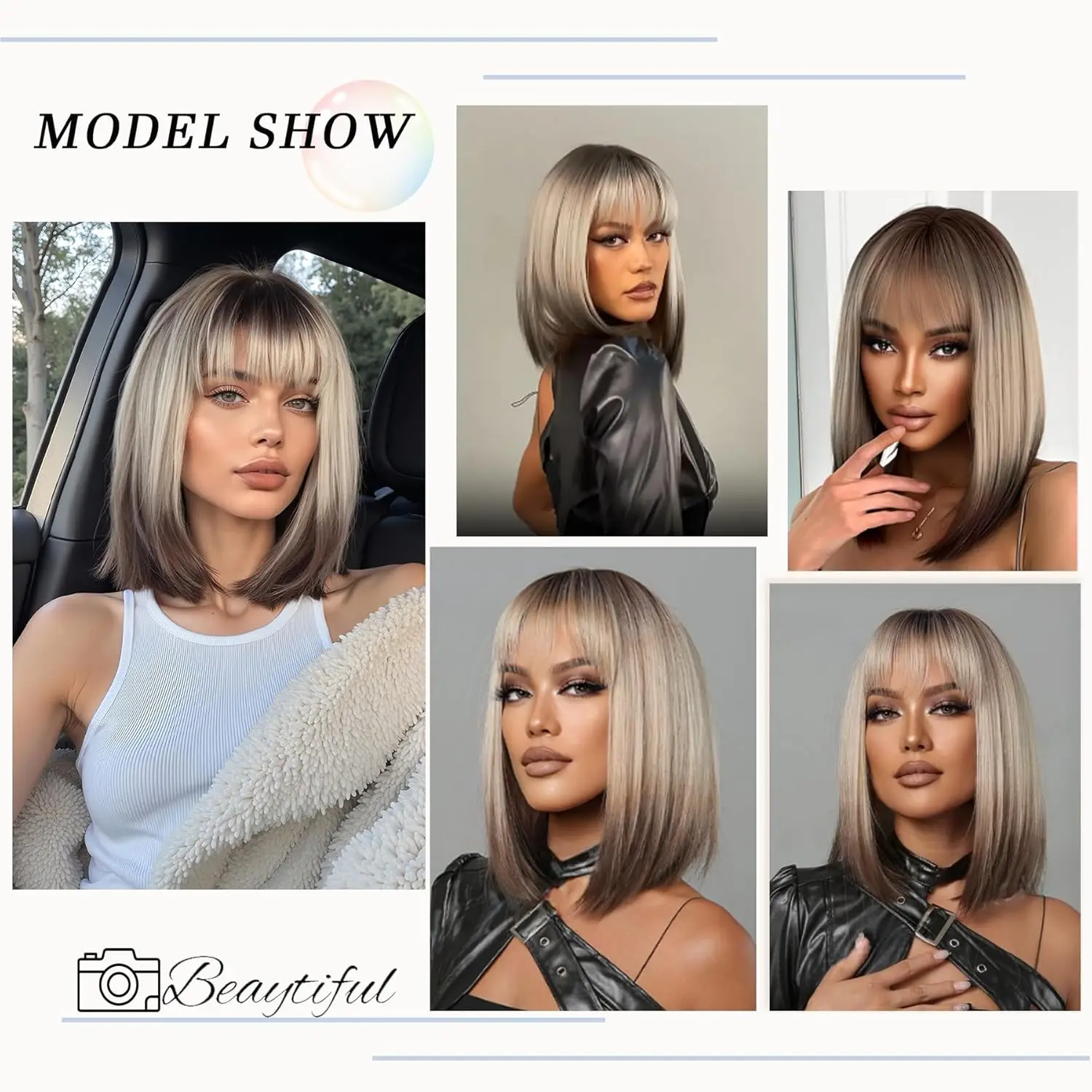 ALAN EATON Short Bob Synthetic Wigs with Bangs Ombre Brown Blonde Wigs for Women Straight Cosplay Party Wig Heat Resistant Hair image 2