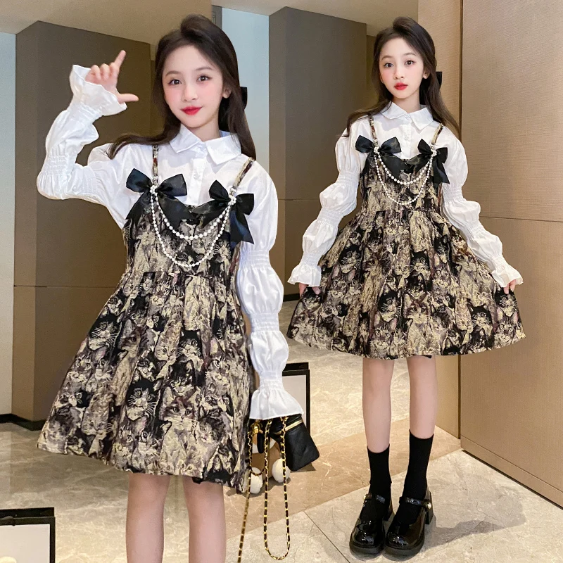 

2023 Autumn New Girls Dress Suit White Shirt + Vintage Animal Print Mini Dress Bow Strapless Dresses Long Sleeve Children's Suit